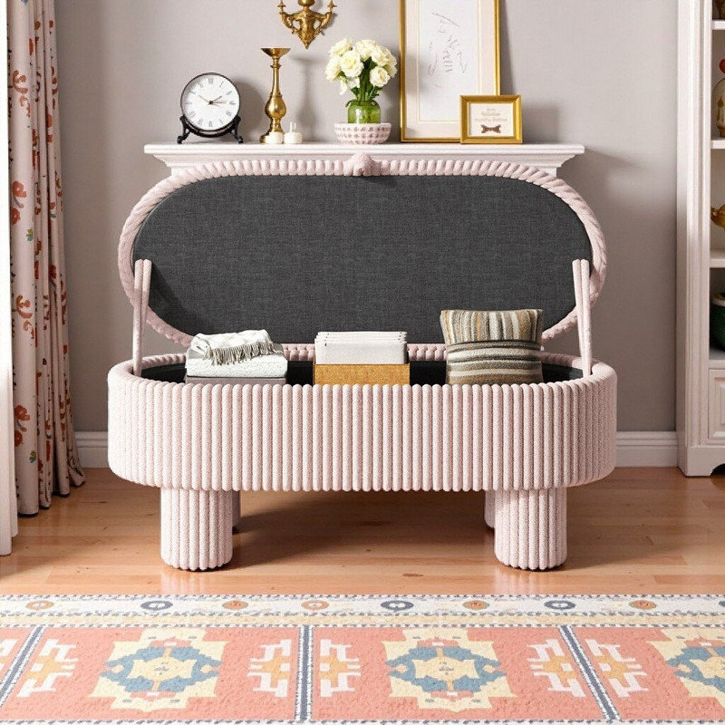 43.3"L x 19.1"W x 21.3"H Storage Ottoman Bench With Lift-Top Seat And Cylinder Legs, Corduroy Upholstery, Pink