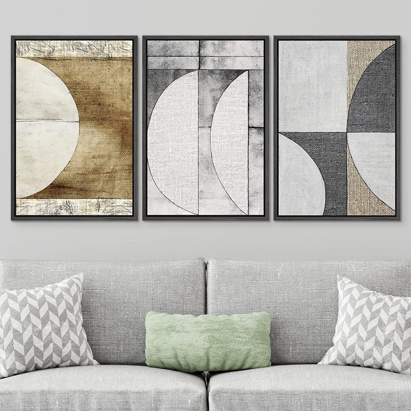 «Mid Century Shape Demi-Circle Polygon Collage», Abstrait, géométrique, illustrations, minimalisme - 3 pièces, cadre flottant, impression sur toile