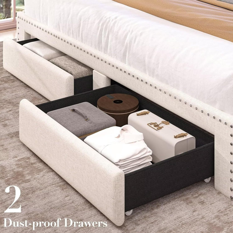 Base de lit grand format avec tête de lit à 2 niveaux et station de charge, cadres de lit plateforme tapissiers avec 2 tiroirs de rangement, support à lattes en bois, aucun sommier nécessaire, beige