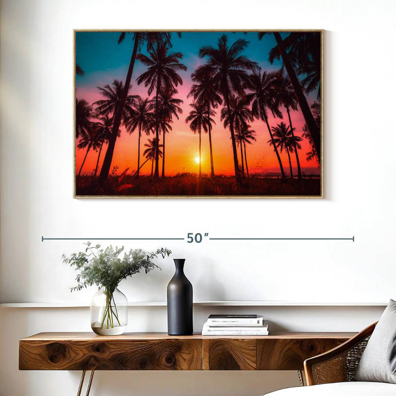 Silhouette coucher de soleil tropical, Cadre flottant en bois naturel, 40 po x 27 po