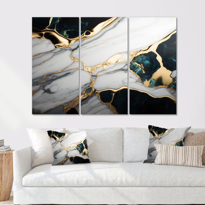 «Abstract Geode Gold and Green Marble I», reproduction sur toile 3 pièces, H 28 po x l 36 po x P 1 po, Toile tendue