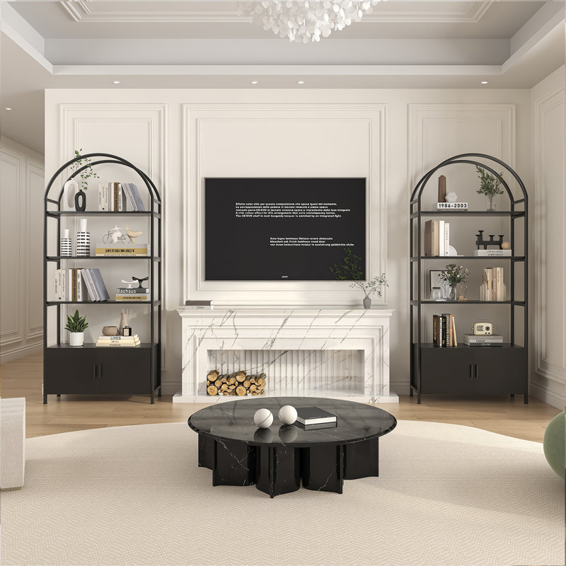 71" Arched Bookshelf with Doors,Industrial Bookcase with Sturdy Metal Frame, Vintage Display Shelving Unit, Black Geometric Book Shelf for Lving Room, Bedroom, Home Office