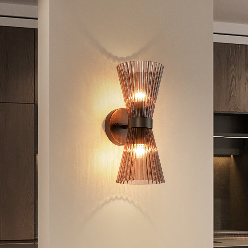 Applique murale moderne à 2 lumières avec abat-jour en verre plissé Modern, Bronze frotté à l'huile, Brun