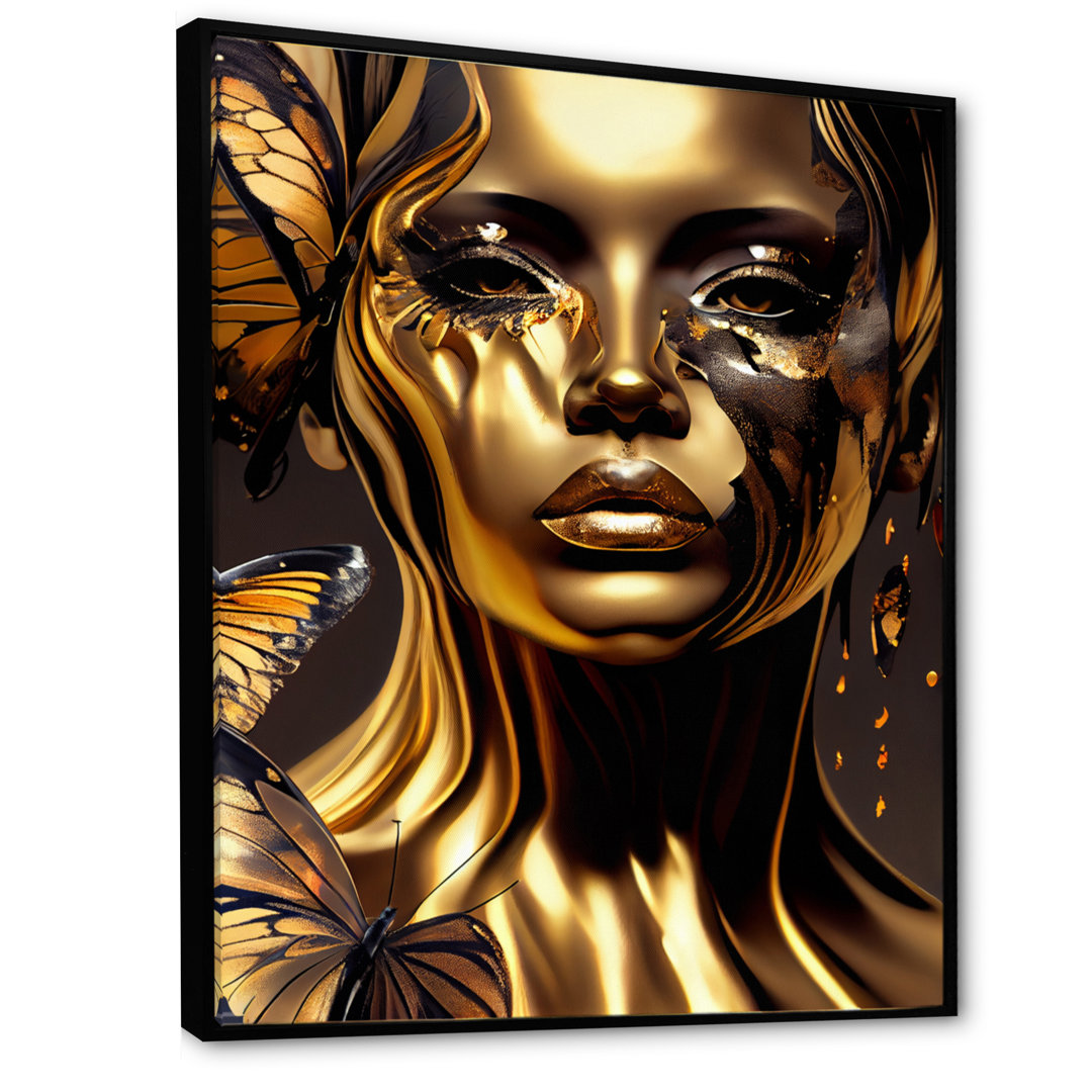 Woman With Black And Gold Butterflies I - Woman Butterfly Wall Art For Living Room House of Hampton® 