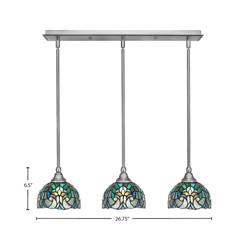Luminaire suspendu linéaire à 3 lumières suspendu au fini nickel brossé avec verre d'art cyprès turquoise de 7 po
