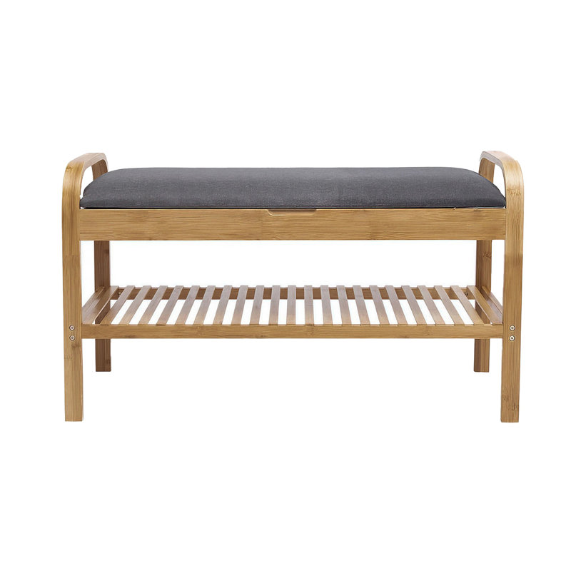 Banc de rangement pour chaussures Mindy, siège en polyester gris, bambou brun noyer, 36 pouces