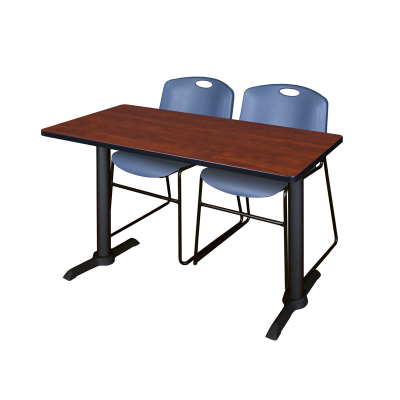Neyland Cain T-Base Training Seminar Table & 2 Zeng Stack Chairs, Cherry, Blue, 84' W x 24" D