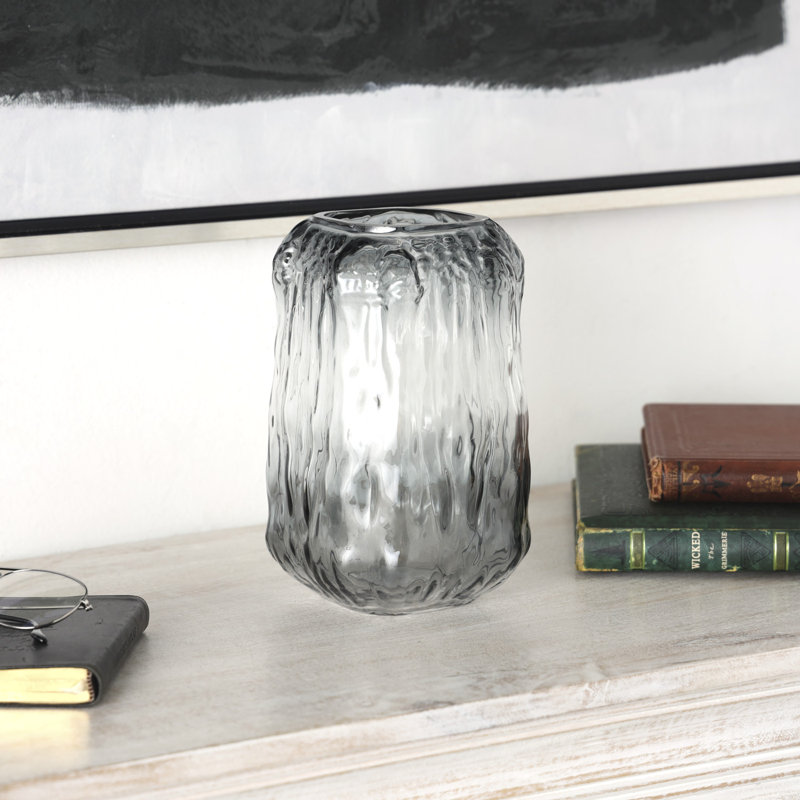 Emelen Glass Handmade Dimensional Textured Rectangular Ombre Decorative Grey Vase, Grey