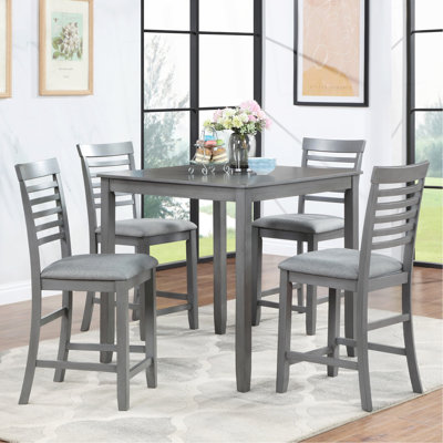 5 Piece Dining Table Set, Wooden Dining Square Table Set for 4, Counter Height Kitchen Table Set with Square Table and 4 Upholstered Chairs for Small