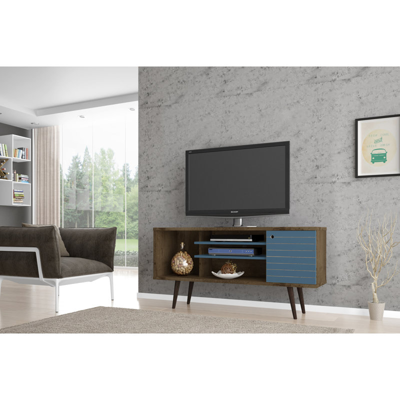 Meuble télé Liberty Mid-Century à 5 tablettes pour téléviseur de 50 po ou moins Liberty, Brun rustique / Bleu aqua