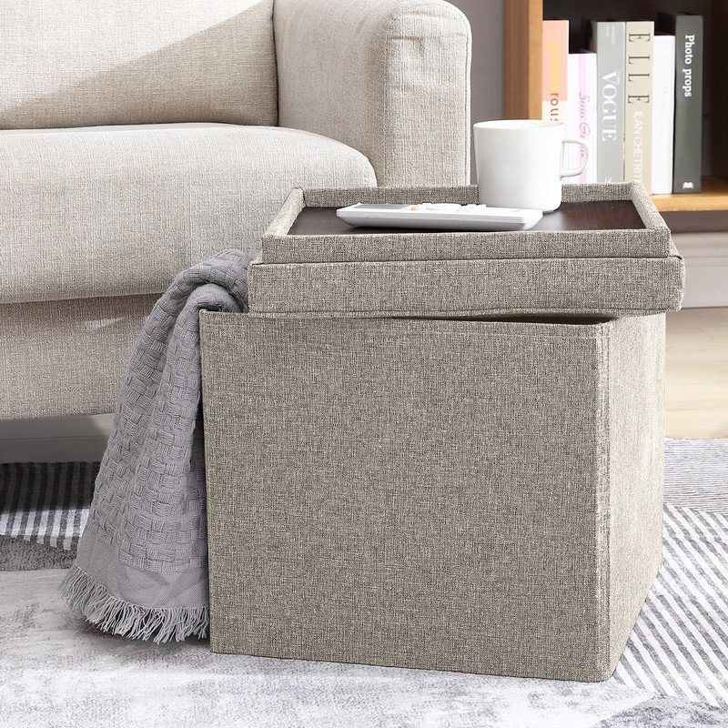 Hilsa Upholstered Ottoman, Beige Linen Blend
