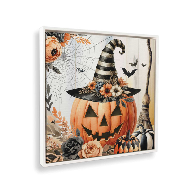 Reproduction d'art rétro Jack O'Lantern par Nicole DeCamp, L 36 x H 36, Blanc, Toile avec cadre