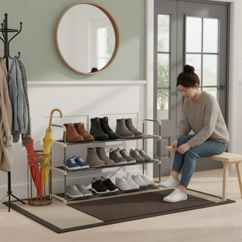 Home-Complete Shoe Rack - 3-Tier Shoe Organizer for Closet, Bathroom, Entryway - Shelf Holds 15 Pairs Sneakers, Heels, Boots