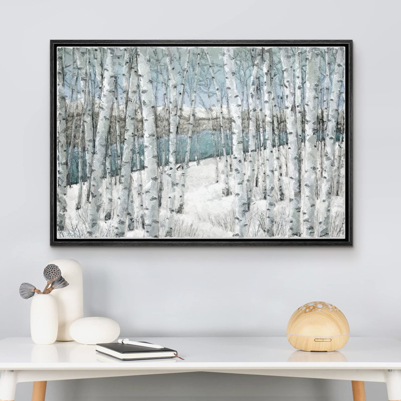 Aspen Birch " White Birch Tree Forest In Winter Plants Cool ", 16" H x 24" W, Black Framed