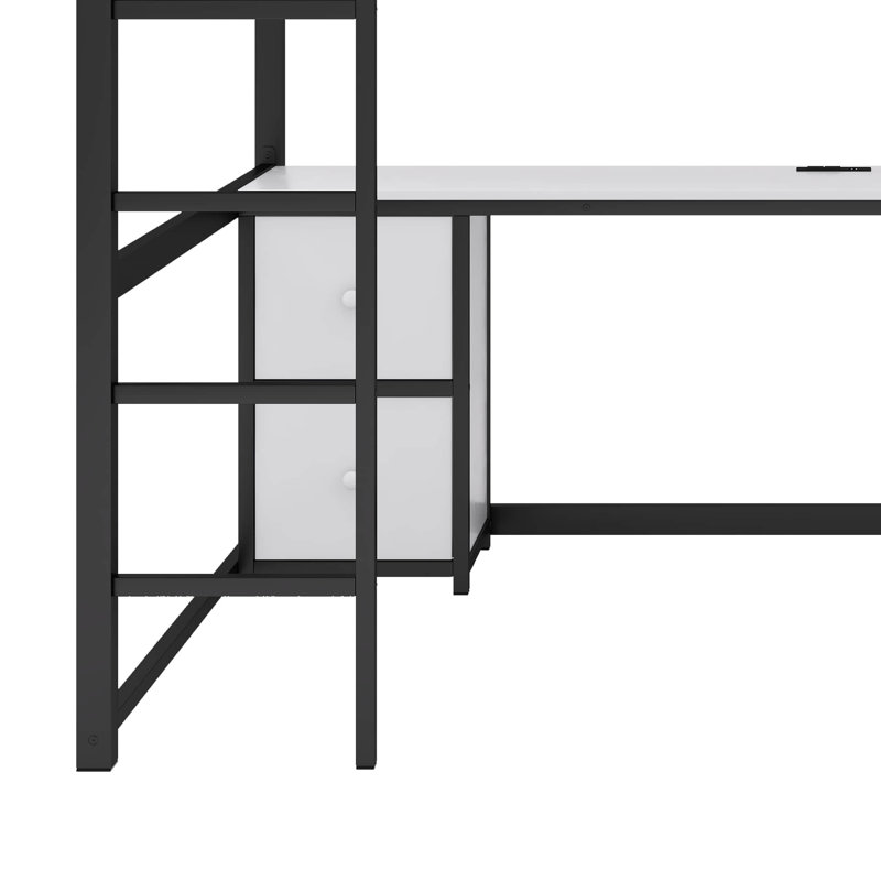 Lit mezzanine double en métal avec bureau Allyse, bureau, tiroirs et plateau de chevet, station de charge, prise USB et prise