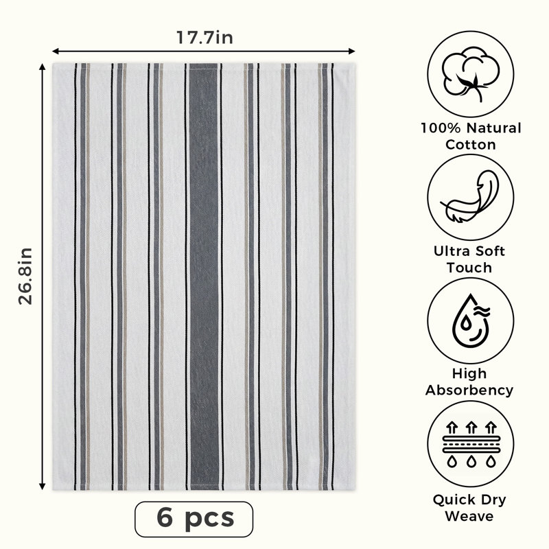 Paquet de 6 serviettes de cuisine en coton rayé, linges à vaisselle absorbants 17,7 x 26,8 po, chiffons de nettoyage réutilisables à séchage rapide, gris