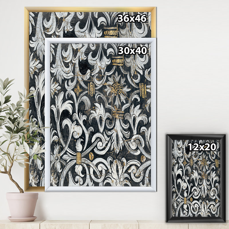 « gold mettalic floral strapwork », reproduction d’art sur toile, H 46 po x l 36 po x p 1,5 po, Cadre blanc