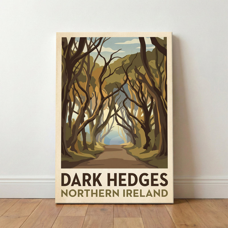 Dark Hedges, Northern Ireland - Enchanted Tree Tunnel Travel Poster. Giclee Print on Wrapped Canvas. Wall Art, Home Decor - Natural Landmarks, Northern Ireland 1 Piece Wrapped Canvas Wall Art