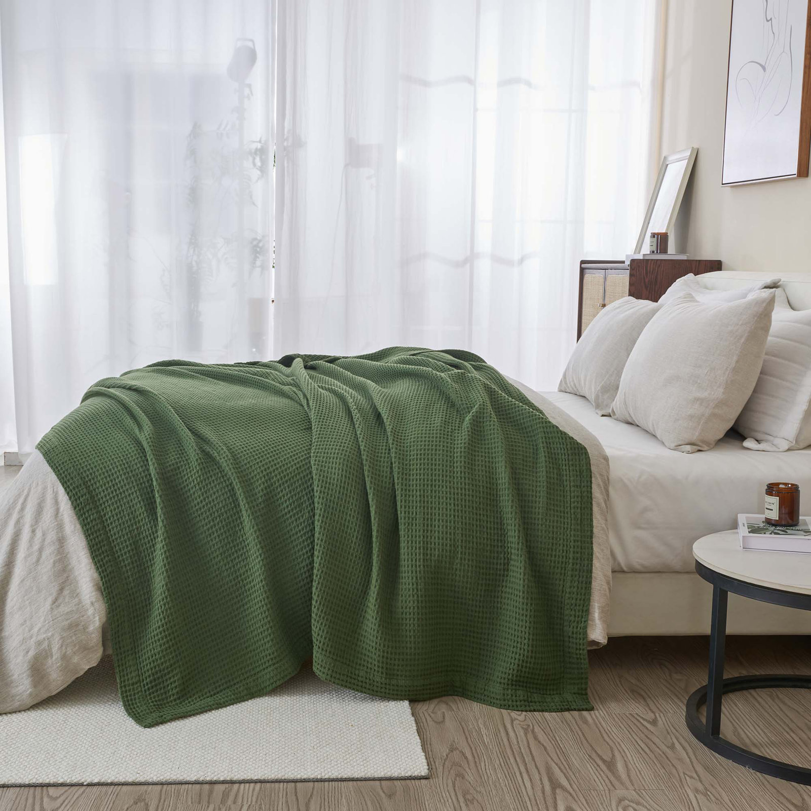 100% Cotton Waffle Weave Blanket, Twin, Forest Green
