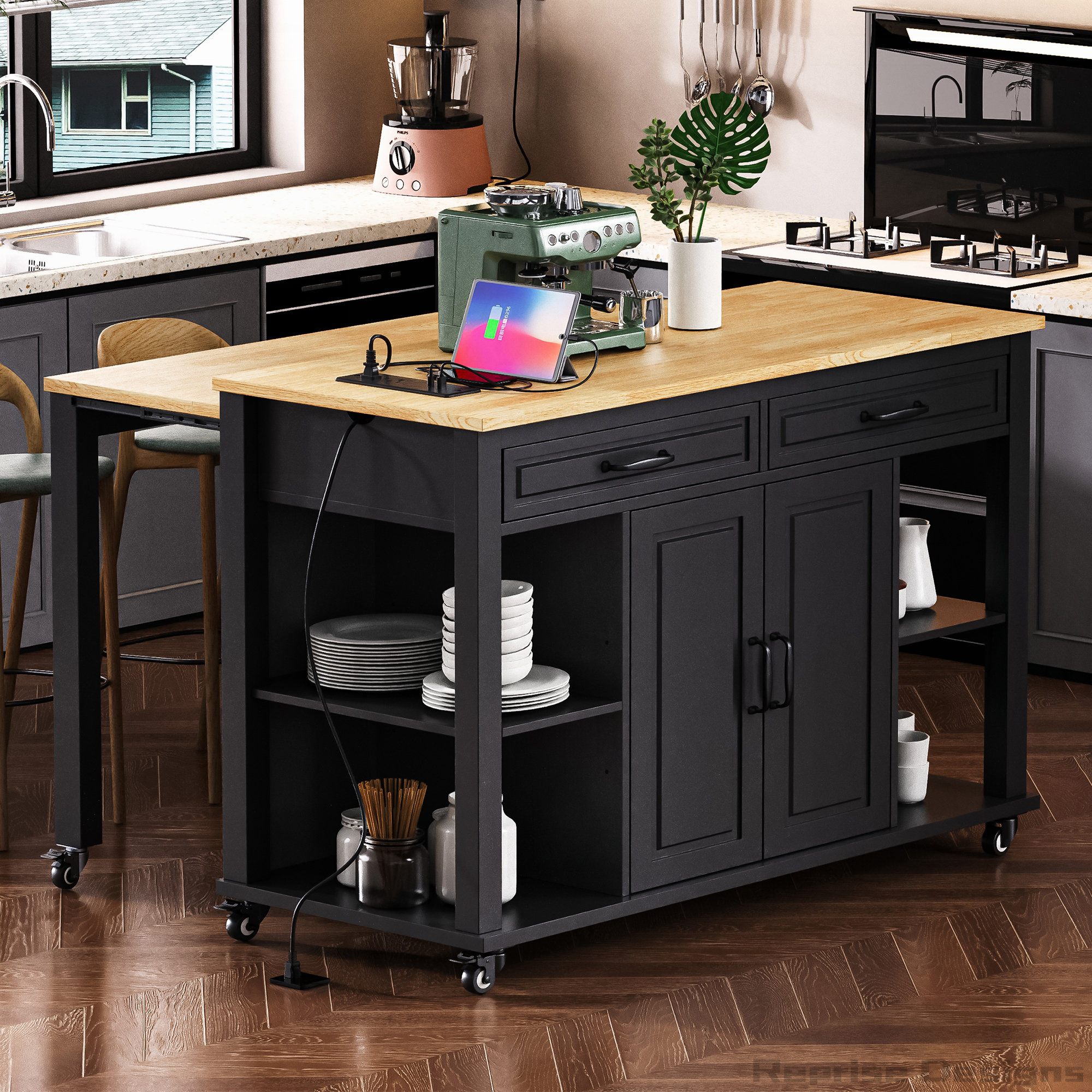 Gracie Oaks 47 inch Versatile Kitchen Island with Extendable Table and ...