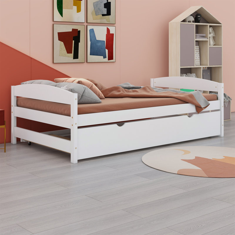 Twin Platform Bed with Trundle, White