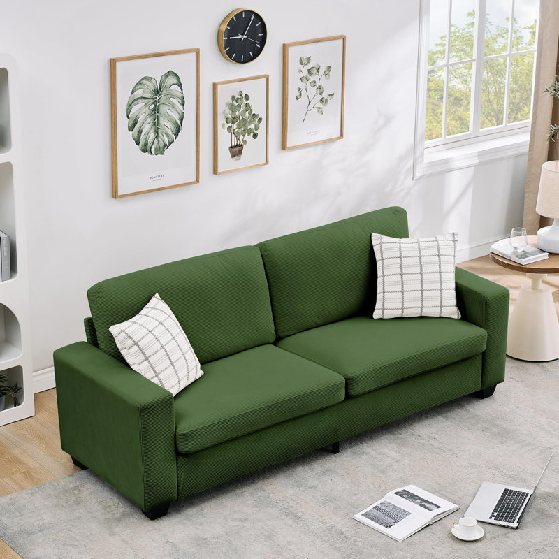 83" Modern Sofa, Corduroy 3 Seater Deep Seat Couch with Wide Armrest, Removable Washable Cushion Cover, Comfy Sofa, Green