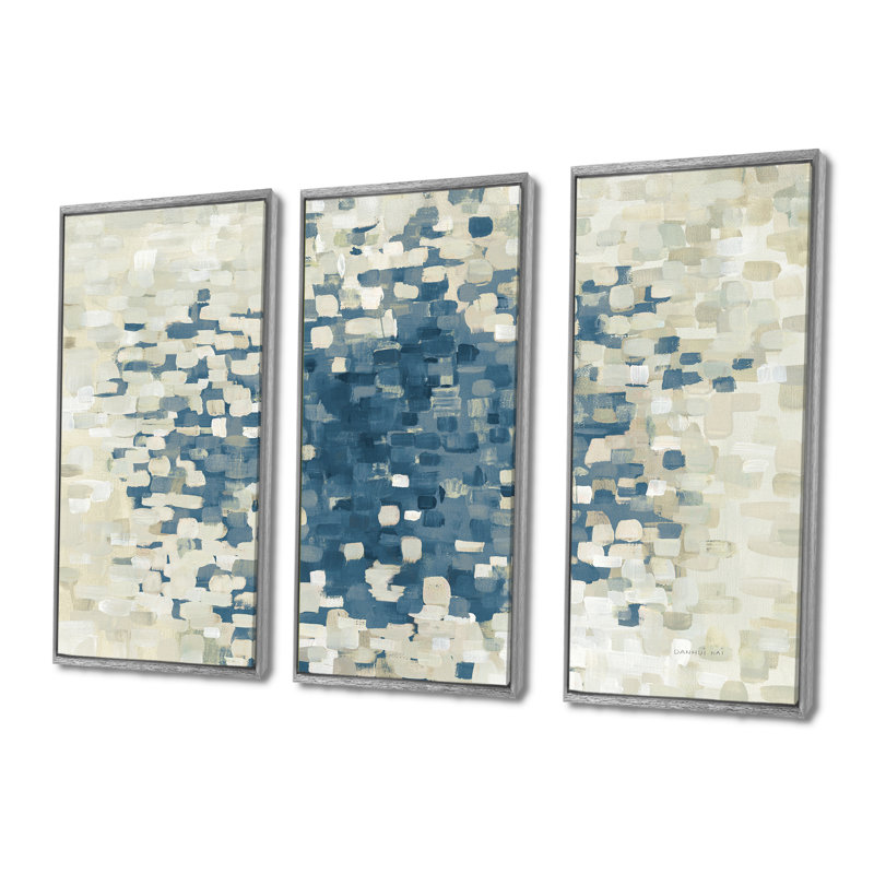 «Geometric Blue Spots», ensemble de 3 reproductions d'art moderne sur toile encadrées, H 40 po x l 60 po, Argent argent