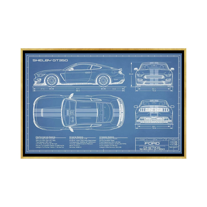 GT350 Shelby (2015-2019) Blueprint-impression de dessin, H 18 po x l 26 po x P 1,5 po, Toile encadrée d'or, Pas de tapis