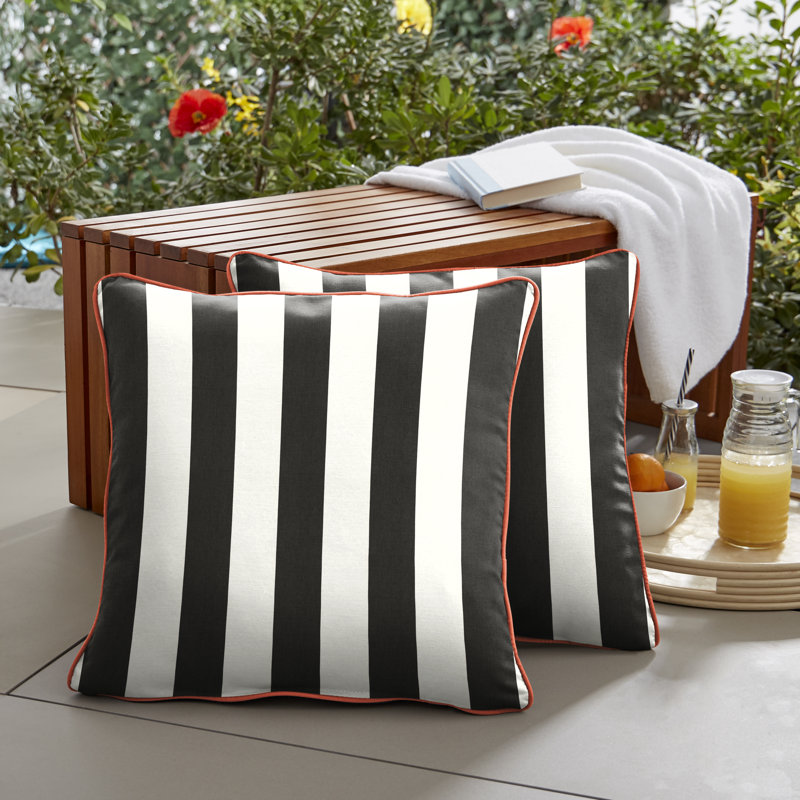 Striped Outdoor Reversible Throw Pillow, 24" x 24", Black/White/Orange