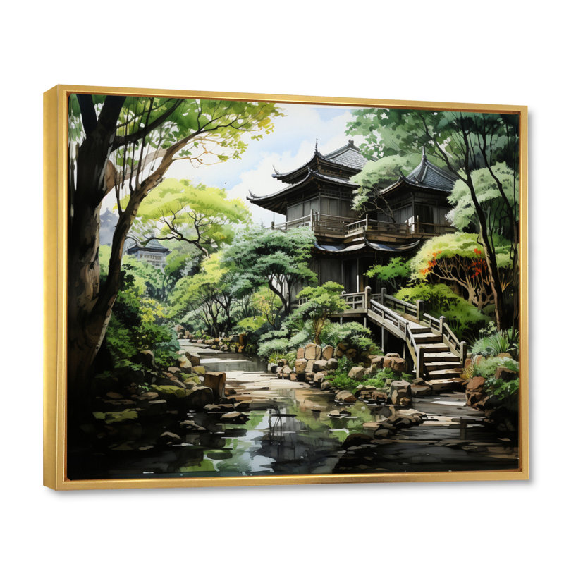 «Japon Zen Garden Serenity I», reproduction sur toile, Cadre flottant doré, H 34 po x l 44 po x P 1,5 po
