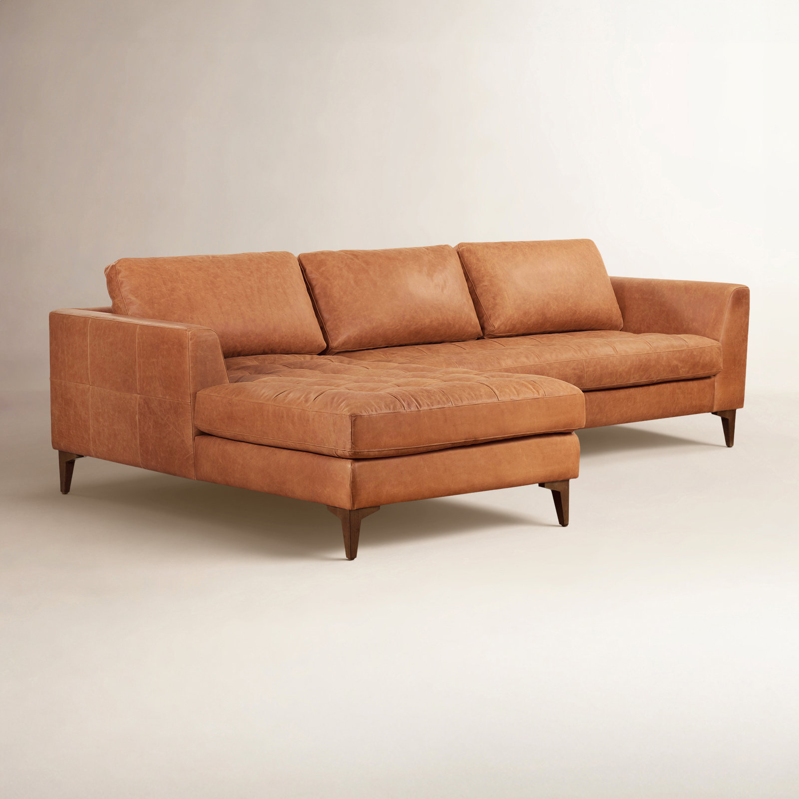 Full-Grain Genuine Italian Leather Sectional Sofa, Cognac Tan Genuine Leather, Walnut, Left Hand Facing