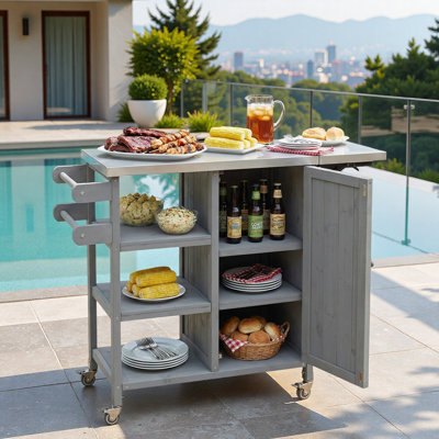 Foldable Outdoor Kitchen Island With Lockable Wheels, Storage Cabinet And Towel Rack