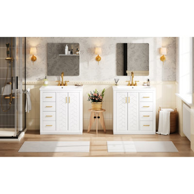 Armoire de rangement de salle de bain en céramique 60 po, structure en bois massif, tiroir à fermeture en douceur et système de porte pour une utilisation silencieuse, finition à l'eau sur toutes les surfaces de porte