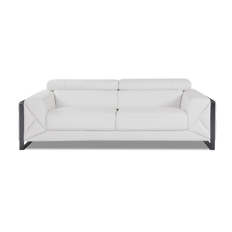 White Genuine Leather Sofa with Adjustable Headrests, White