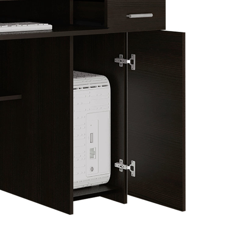 Compu 180 Hutch Desk, Multiple Shelves, Retractable Keyboard Tray, Cpu Door Panel, One Drawer, Black