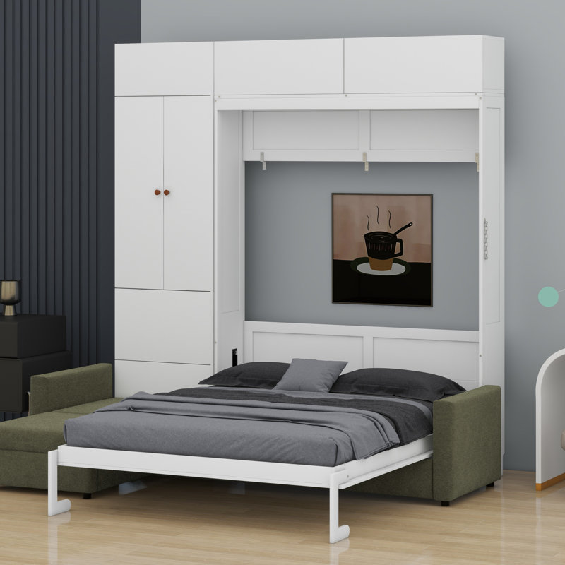Grand lit escamotable avec canapé en L intégré et tablettes de rangement, Blanc