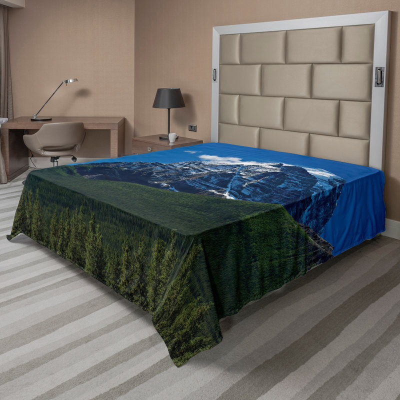 Drap plat Ambesonne Mountain Mountain Snowy Peaks Trees Park, Drap plat pour très grand lit californien
