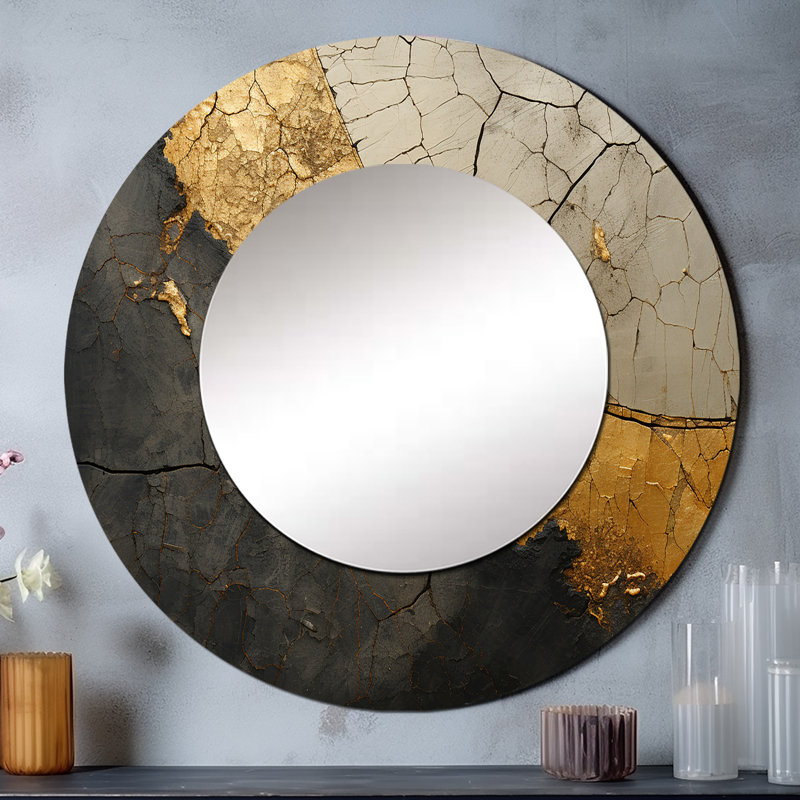 Sarayu or noir orné de poteries - miroir mural décoratif spirales abstraites, miroir rond moderne, art imprimé en métal