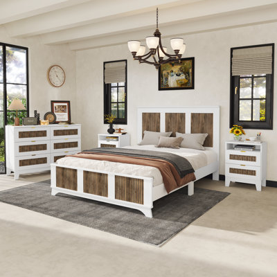 4-Pieces Bedroom Sets, Queen Size Farmhouse Platform Bed with Wooden Strip Stickers Decoration, Storage Nightstand and Dresser with Metal Handle by Ebern Designs