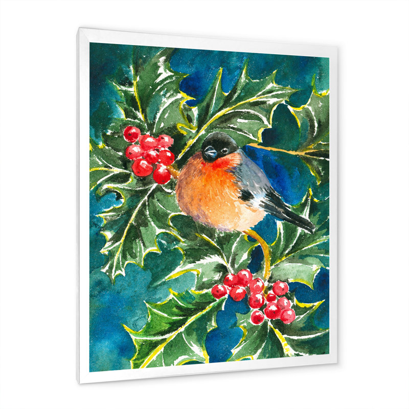 Bouvreuil avec oiseaux sur un arbre de Noël - art mural traditionnel sur toile, H 32 po x l 16 po x P 1 po