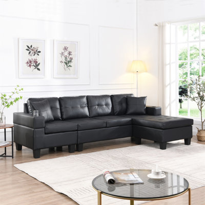 Modern L-Shape Sectional Sofa With Chaise, Cup Holder, And Reversible Chaise For Versatile Living Room Seating