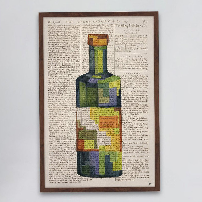 « secret drink », reproduction de peinture à l’aquarelle encadrée, H 18 po x l 12 po x P 1,5 po