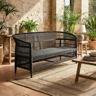 100% Handwoven Natural Rattan 3-Seater Indoor Settee with Solid Wood Frame, Boho Coastal Farmhouse Accent Seating â€“ Authentic African Craftsmanship