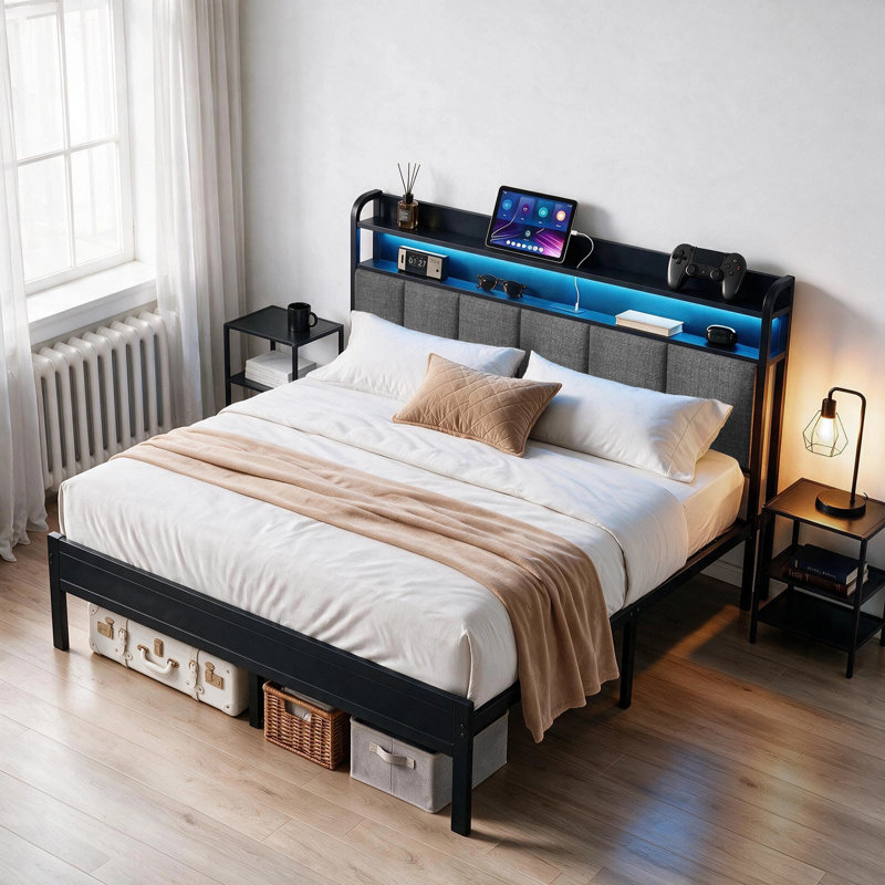Easy Assembly Queen Size Bed Frame With Led Light &charging Station, Metal Platform Bed With 2-tier Shelves & Under Bed Storage, Upholstered Headboard&footboard, Noise Free, Black + Gray