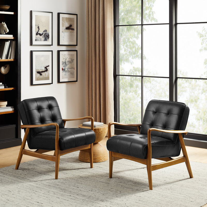 Morrilton Genuine Leather Tufted Arm Chair With Solid Wood Frame (Set of 2), Black