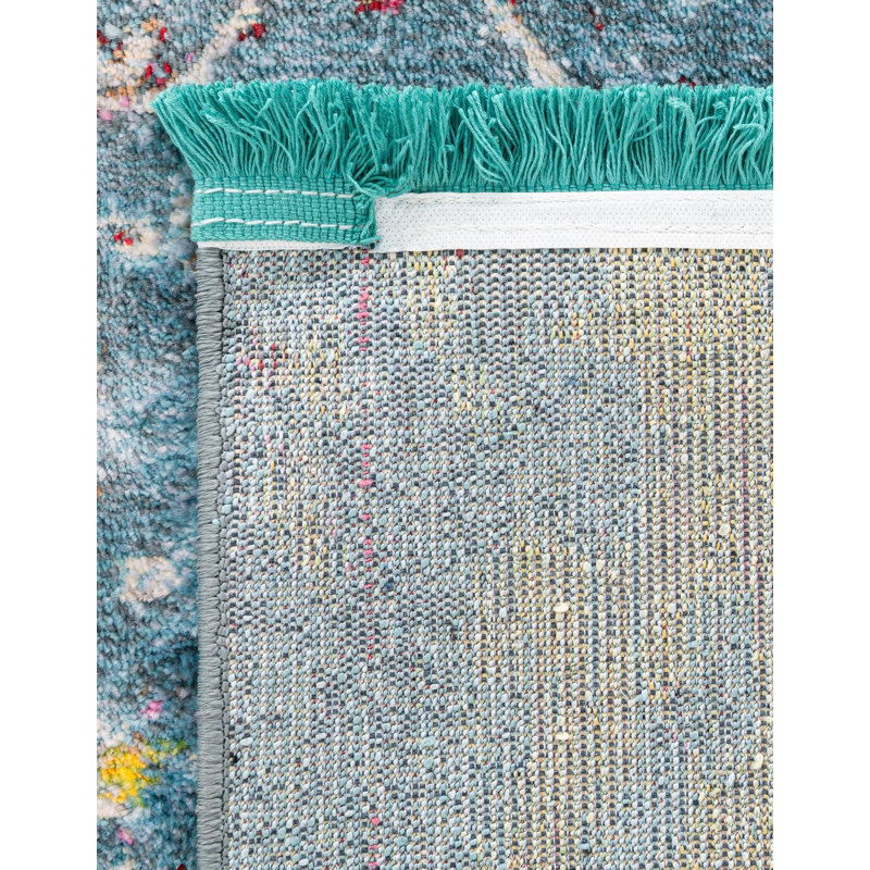 Tapis bleu à motif abstrait Folmar, Tapis de couloir 2 pi 2 po x 6 pi 1 po
