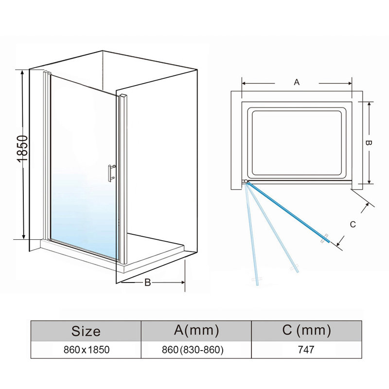 Landin 1850mm H Hinged Frameless Shower Door with Clear Glass, 86"