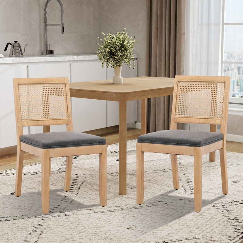 Chaise d'appoint avec chaises en bois massif et dossier en rotin (ensemble de 2), Gris