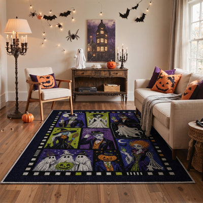 Tapis d'intérieur vintage d'Halloween, noir et orange, lavable à la machine, à poils courts, antidérapant