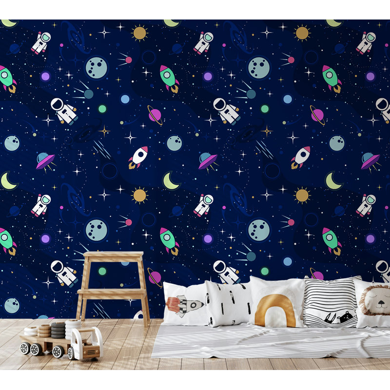 Papier peint fusées et astronautes pour enfants, bleu marine, L 36,96 po x l 56 po